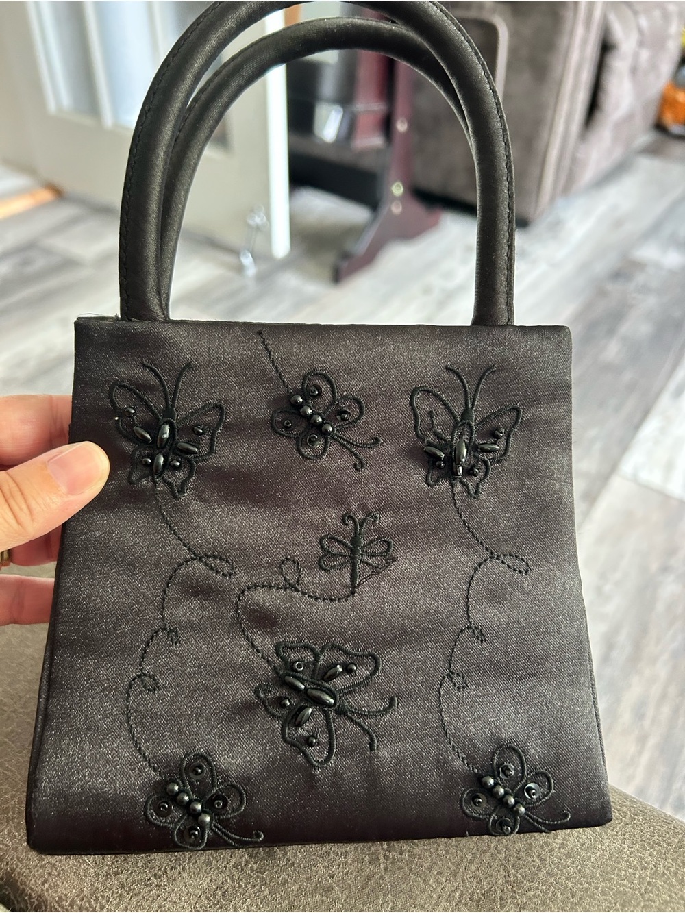 4-$100 Black Embroidered Butterfly Satin Tote
